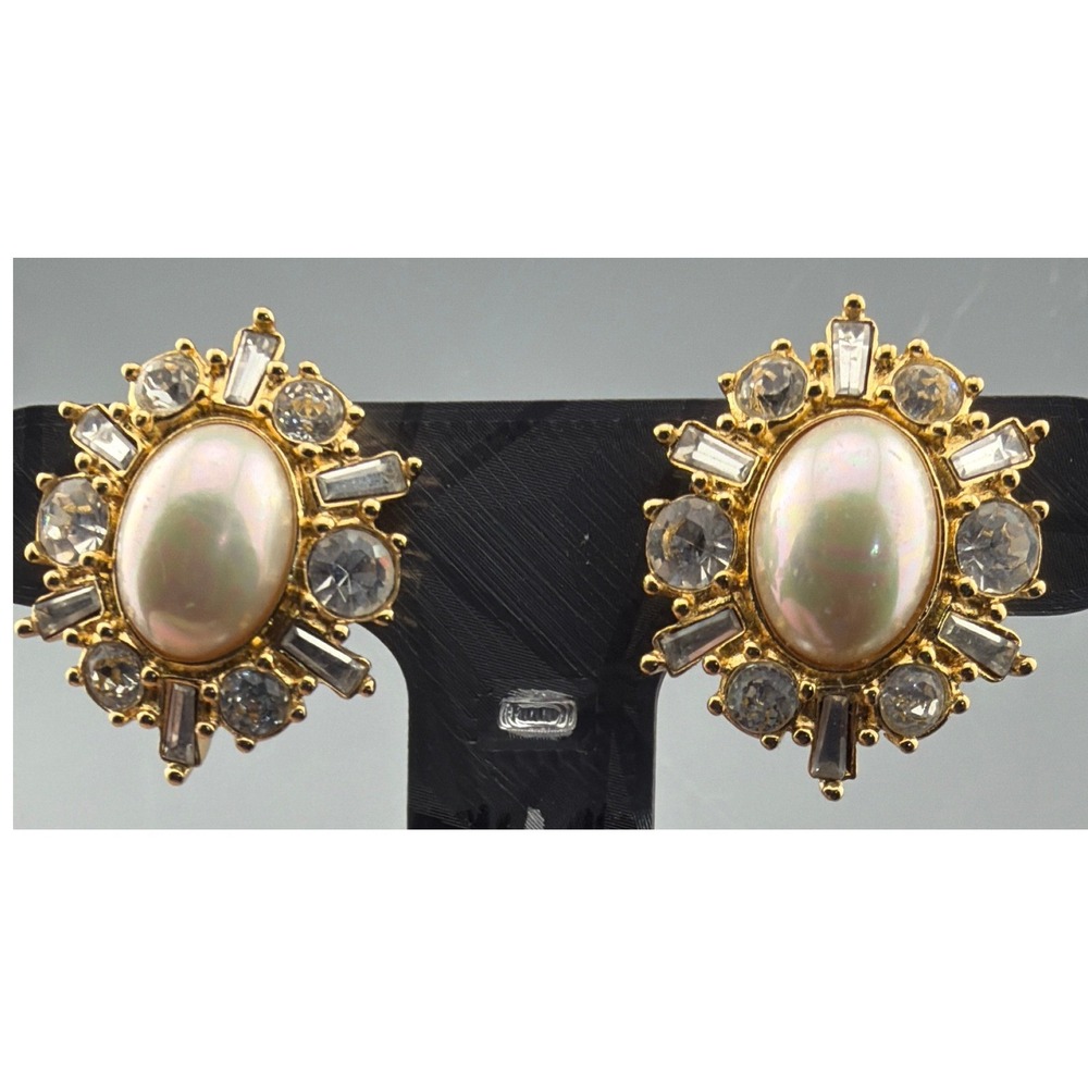 Vintage Christian Dior Earrings Faux Pearl Rhinestone Clip Gold Tone Signed